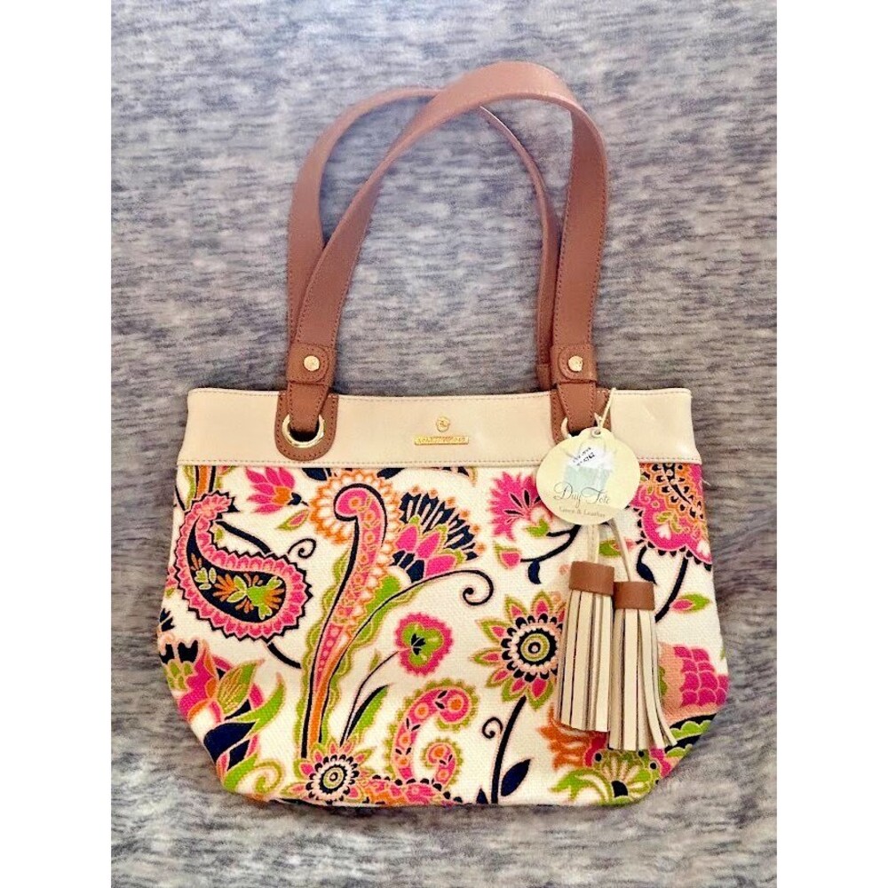 SPARTINA NWT Day Tote High Ebb Multicolor Floral Paisley Linen & Leather NEW